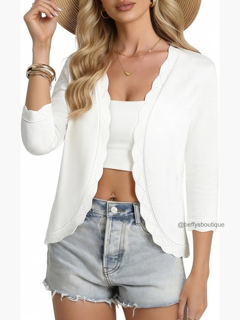 Lightweight 3/4 Sleeve Cropped Cardigan Open Front Shrug